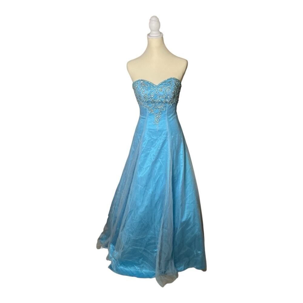 Davids Bridal Beaded Strapless Blue Dress Prom Flower Girl Gown Corset Tulle 0 - Picture 2 of 12